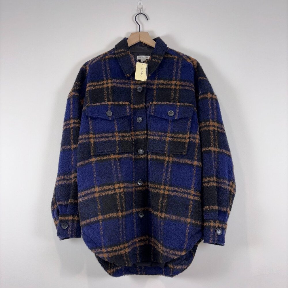 NWT Good American Shacket Jacket Blue Plaid Wool Blend Oversized Size 1/2 GJK008